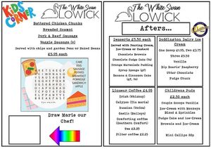 Desert Menu. *note vegan chocolate fudge cake is now a vegan chocolate brownie with vegan ice cream and chocolate sauce.  at The White Swan Inn in Lowick