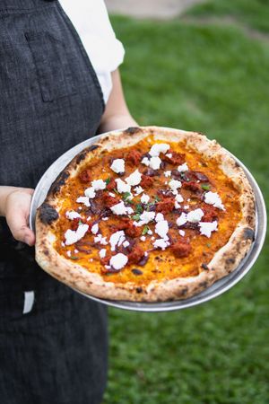 Pumpkin Cream: Pumpkin puree base, caramelised onion, feta, Nduja paste at Piante Pizza in Brisbane