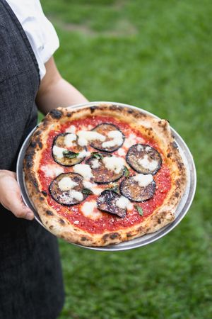 Parmigiana: Tomato base, parmesan, roasted eggplant, basil, mozzarella at Piante Pizza in Brisbane