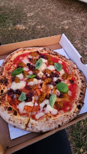 Pumpkin, olives + red capsicum at Piante Pizza in Brisbane