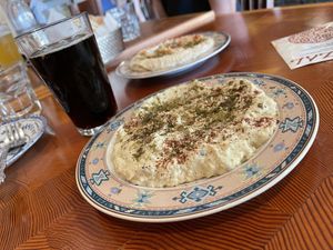 Hummus babaganush non-alcoholic beer  at Mazal in Los Angeles