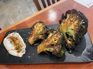 Charred broccoli at Mazal in Los Angeles