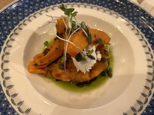 Kürbis-tartar topped with homemade ricotta  at Cafe Le Journal in Sankt Wendel