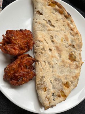 Potato Pirata and onion bhajis all vegan at The Bas Bar in Rochester