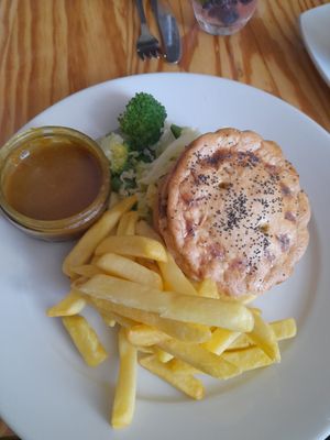 Yummy Spinach and sweet potato pie with curry sauce at The Dolphin Tavern in Penzance