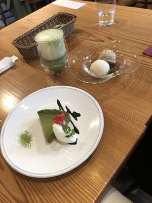 Maccha cheesecake, vanilla and rum&raisin gelato and maccha soy latte  at AIN SOPH.Ginza in Tokyo