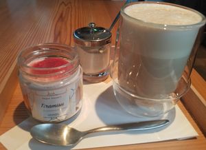 hot soy latte with beet sugar/seasonal strawberry tiramisu at AIN SOPH.Ginza in Tokyo