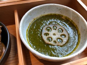 Deep fried lotus root in spinach curry at AIN SOPH.Ginza in Tokyo