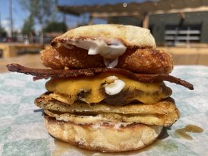 New breffy sandwich with a hash brown on top🤤 at Green Machine Grill in Colorado Springs