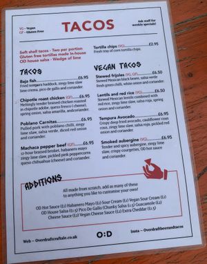Taco menu - the tempura avocado taco is also vegan at Overdraft Craft Ale Bar in Winchester