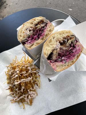 Le dwich violet and wild(?) fries. Very good.  at Plan D - DWICH & Glace in Paris