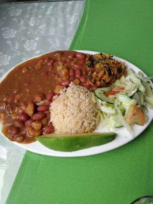 Meal of the day: beans, rice, quinoa fritter, salad at El Enebro in Pereira