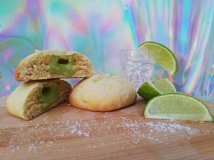Moni's Margarita: like and Tequila cookie stuffed with a lime and Tequila curd, drizzled with a lime glaze and sprinkled with lime zest and sea salt  at Angel's Sinfully Delicious Cookie Company in Long Eaton