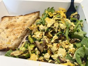 Tofu scramble with mushrooms & brussels sprouts   at Connie's Bakery in Provincetown
