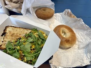 Tofu, scramble, bagel with vegan cream cheese, sugar donut. All of them amazing!  at Connie's Bakery in Provincetown