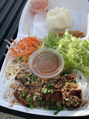 Vietnamese Vermicelli w Veggies (& mock meat), Egg Roll, and Vegan Bun. ⭐️  at Pho Vegan Asian Cuisine in Folsom