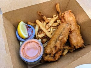 Seitan "fish" and chips with vegan fry sauce and cocktail sauce.  at Grid City Beer Works in Salt Lake City