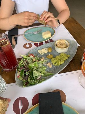 Starter plate that I was already starting... including vegan truffle cheese, guacamole, salad and smoked tofu paste  at Salt & Pepper in Medulin