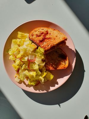 Vegan cheese and Marmite toastie with salad at Kinder Kitchen in South East London