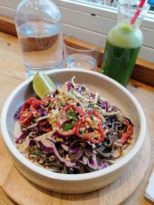 Thai noodle salad and the green juice. Both yum! at Ohh Boy in Athens