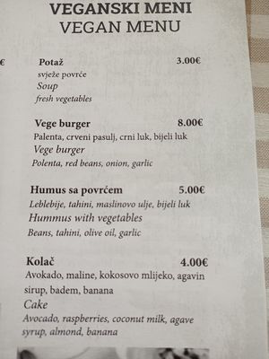 Vegan menu at Rivijera in Budva