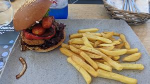 Vegan fish Burger at Nissi Beach Cafe in Kos