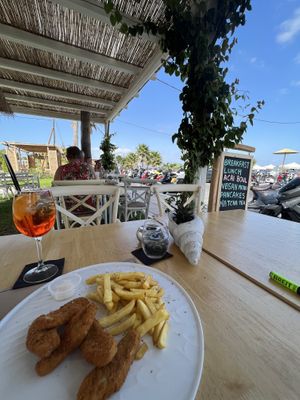 View and vegan nuggets  at Nissi Beach Cafe in Kos