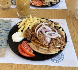Vegan gyros plate & almond milk frappe  at Nissi Beach Cafe in Kos