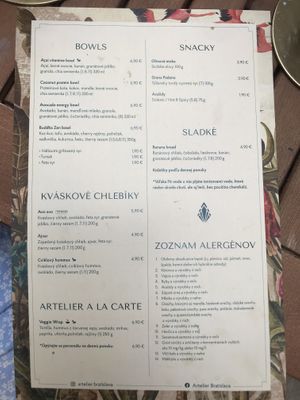 Carte at Artelier Cafe & Bar in Bratislava