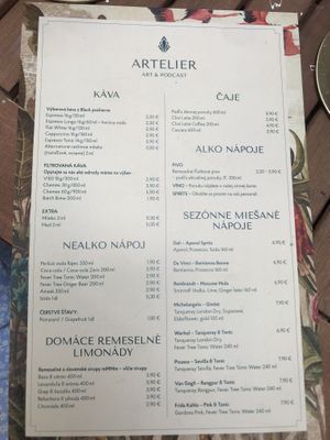 Carte at Artelier Cafe & Bar in Bratislava
