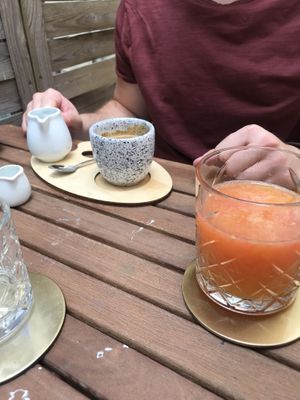 Espresso Lungo and orange Grapefruit mix  at Artelier Cafe & Bar in Bratislava