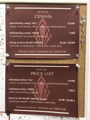 Price list Art Course  at Artelier Cafe & Bar in Bratislava
