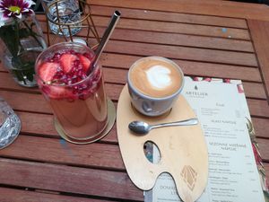 rhabub lemonade and capuccino with oat milk  at Artelier Cafe & Bar in Bratislava