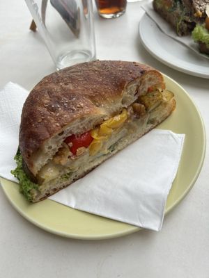 Ftira with vegan chicken and vegan mozzarella   at Cafe Castille in Valletta