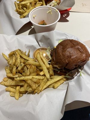 Falafel smash burger and furikake fries  at Kitsune Burgers in Brussels
