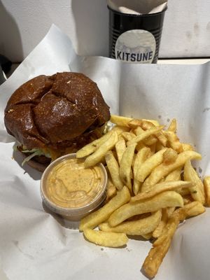 Korean mushroom burger, fries with relish  at Kitsune Burgers in Brussels
