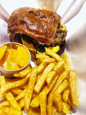 Falafel Burger with fries at Kitsune Burgers in Brussels