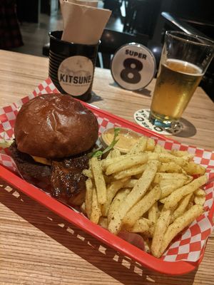 Bacon cheese burger and furikake fries at Kitsune Burgers in Brussels