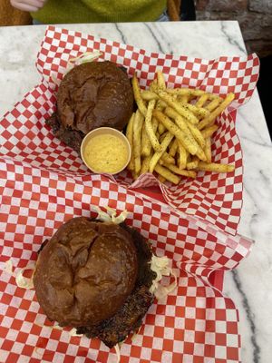 Bacon smash with furikake fries and relish.  at Kitsune Burgers in Brussels