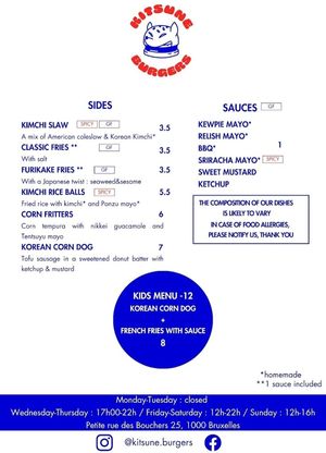 Menu at Kitsune Burgers in Brussels