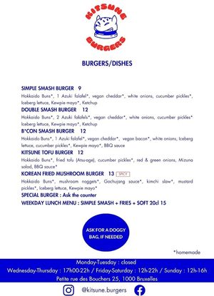 Menu at Kitsune Burgers in Brussels