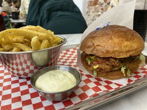 Crunchy Chick’n oyster mushroom burger, Frites Furikake and Mayo Kewpie  at Kitsune Burgers in Brussels