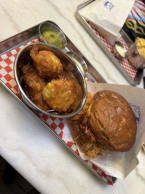 Corn fritters & spicy Korean chicken burger  at Kitsune Burgers in Brussels