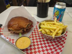 Double smash burger, fries, relish mayo at Kitsune Burgers in Brussels