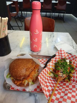 Corn dog and korean burger at Kitsune Burgers in Brussels