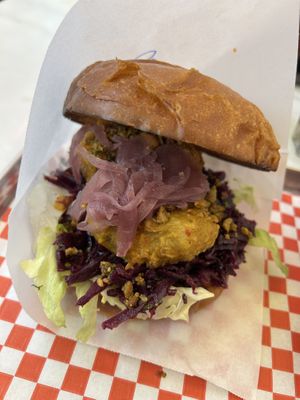 Burger with a fried mushroom & peanut sauce 10/10  at Kitsune Burgers in Brussels