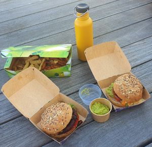 Burger + mixed fries with Avocado dip at Hans im Glück in Kiel