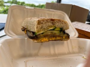 Veggie pesto Panini with vegan cheese. Veggies include zucchini and eggplant.  at Good Earth Holistic Kitchen in Hudson