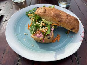 Olive ciabata with beetroot hummus  at De Taanketel in Marken