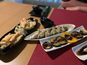Veg tempura, veg gyoza & veg yakitori  at Umai in Benidorm